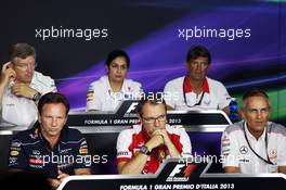 The FIA Press Conference (from back row (L to R)): Ross Brawn (GBR) Mercedes AMG F1 Team Principal; Monisha Kaltenborn (AUT) Sauber Team Principal; Graeme Lowdon (GBR) Marussia F1 Team Chief Executive Officer; Christian Horner (GBR) Red Bull Racing Team Principal; Stefano Domenicali (ITA) Ferrari General Director; Martin Whitmarsh (GBR) McLaren Chief Executive Officer.  06.09.2013. Formula 1 World Championship, Rd 12, Italian Grand Prix, Monza, Italy, Practice Day.