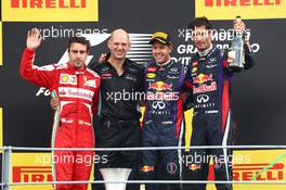 The podium (L to R): Fernando Alonso (ESP) Ferrari, second; Adrian Newey (GBR) Red Bull Racing Chief Technical Officer; Sebastian Vettel (GER) Red Bull Racing, race winner; Mark Webber (AUS) Red Bull Racing, third. 08.09.2013. Formula 1 World Championship, Rd 12, Italian Grand Prix, Monza, Italy, Race Day.