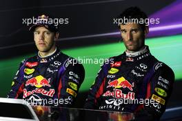 (L to R): Race winner Sebastian Vettel (GER) Red Bull Racing and Mark Webber (AUS) Red Bull Racing in the FIA Press Conference. 08.09.2013. Formula 1 World Championship, Rd 12, Italian Grand Prix, Monza, Italy, Race Day.