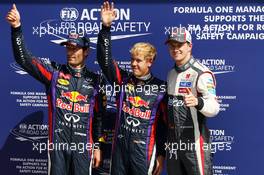 Qualifying top three in parc ferme (L to R): Mark Webber (AUS) Red Bull Racing, second; Sebastian Vettel (GER) Red Bull Racing, pole position; Nico Hulkenberg (GER) Sauber, third. 07.09.2013. Formula 1 World Championship, Rd 12, Italian Grand Prix, Monza, Italy, Qualifying Day.