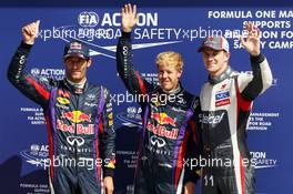Qualifying top three in parc ferme (L to R): Mark Webber (AUS) Red Bull Racing, second; Sebastian Vettel (GER) Red Bull Racing, pole position; Nico Hulkenberg (GER) Sauber, third. 07.09.2013. Formula 1 World Championship, Rd 12, Italian Grand Prix, Monza, Italy, Qualifying Day.