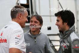 (L to R): Martin Whitmarsh (GBR) McLaren Chief Executive Officer with Adrian Fernandez (MEX) and Sergio Perez (MEX) McLaren. 05.02.2013. Formula One Testing, Day One, Jerez, Spain.