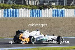 Nico Rosberg (GER) Mercedes AMG F1 W04 stops on the circuit with a small fire. 05.02.2013. Formula One Testing, Day One, Jerez, Spain.