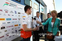Paul di Resta (GBR) Sahara Force India F1 with the media. 05.02.2013. Formula One Testing, Day One, Jerez, Spain.