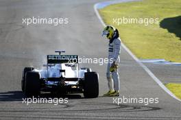 Nico Rosberg (GER) Mercedes AMG F1 W04 stops on the circuit with a small fire. 05.02.2013. Formula One Testing, Day One, Jerez, Spain.