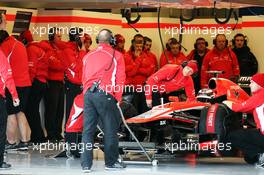 Max Chilton (GBR) Marussia F1 Team MR02 in the pits. 05.02.2013. Formula One Testing, Day One, Jerez, Spain.