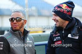 (L to R): Lewis Hamilton (GBR) Mercedes AMG F1 with Jean-Eric Vergne (FRA) Scuderia Toro Rosso. 05.02.2013. Formula One Testing, Day One, Jerez, Spain.