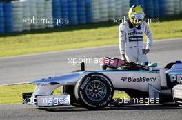 Nico Rosberg (GER) Mercedes AMG F1 W04 stops on the circuit with a small fire. 05.02.2013. Formula One Testing, Day One, Jerez, Spain.