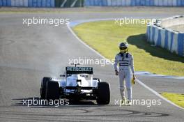 Nico Rosberg (GER) Mercedes AMG F1 W04 stops on the circuit with a small fire. 05.02.2013. Formula One Testing, Day One, Jerez, Spain.