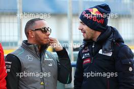 (L to R): Lewis Hamilton (GBR) Mercedes AMG F1 with Jean-Eric Vergne (FRA) Scuderia Toro Rosso. 05.02.2013. Formula One Testing, Day One, Jerez, Spain.