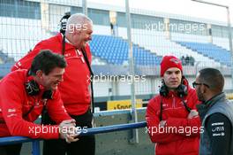 (L to R): Graeme Lowdon (GBR) Marussia F1 Team Chief Executive Officer with John Booth (GBR) Marussia F1 Team Team Principal, Marc Hynes (GBR) Marussia F1 Team Driver Coach and Lewis Hamilton (GBR) Mercedes AMG F1. 05.02.2013. Formula One Testing, Day One, Jerez, Spain.