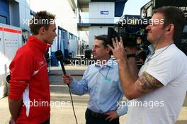 Max Chilton (GBR) Marussia F1 Team with Ben Edwards (GBR) BBC TV Commentator. 05.02.2013. Formula One Testing, Day One, Jerez, Spain.