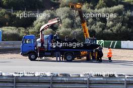 The Mercedes AMG F1 W04 is of Lewis Hamilton (GBR) Mercedes AMG F1 recovered back to the pits on the back of a truck. 06.02.2013. Formula One Testing, Day Two, Jerez, Spain.