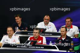 The FIA Press Conference (From back row (L to R)): James Key (GBR) Scuderia Toro Rosso Technical Director; Tom McCullough (GBR) Sauber F1 Team Head of Track Engineering; Dave Greenwood (GBR) Marussia F1 Team Race Engineer; Jonathan Neale (GBR) McLaren Managing Director; Pat Fry (GBR) Ferrari Deputy Technical Director and Head of Race Engineering; Paul Monaghan (GBR) Red Bull Racing Chief Engineer.  11.10.2013. Formula 1 World Championship, Rd 15, Japanese Grand Prix, Suzuka, Japan, Practice Day.