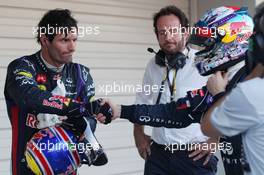 Race winner Sebastian Vettel (GER) Red Bull Racing with team mate Mark Webber (AUS) Red Bull Racing in parc ferme. 13.10.2013. Formula 1 World Championship, Rd 15, Japanese Grand Prix, Suzuka, Japan, Race Day.