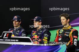 The FIA Press Conference (L to R): Mark Webber (AUS) Red Bull Racing, second; Sebastian Vettel (GER) Red Bull Racing, race winner; Romain Grosjean (FRA) Lotus F1 Team, third. 13.10.2013. Formula 1 World Championship, Rd 15, Japanese Grand Prix, Suzuka, Japan, Race Day.