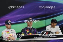 Qualifying top three in the FIA Press Conference (L to R): Sebastian Vettel (GER) Red Bull Racing, second; Mark Webber (AUS) Red Bull Racing, pole position; Lewis Hamilton (GBR) Mercedes AMG F1, third. 12.10.2013. Formula 1 World Championship, Rd 15, Japanese Grand Prix, Suzuka, Japan, Qualifying Day.