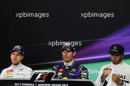 Qualifying top three in the FIA Press Conference (L to R): Sebastian Vettel (GER) Red Bull Racing, second; Mark Webber (AUS) Red Bull Racing, pole position; Lewis Hamilton (GBR) Mercedes AMG F1, third. 12.10.2013. Formula 1 World Championship, Rd 15, Japanese Grand Prix, Suzuka, Japan, Qualifying Day.