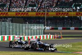 Valtteri Bottas (FIN) Williams FW35 leasds team mate Pastor Maldonado (VEN) Williams FW35. 12.10.2013. Formula 1 World Championship, Rd 15, Japanese Grand Prix, Suzuka, Japan, Qualifying Day.