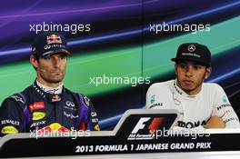 (L to R): pole sitter Mark Webber (AUS) Red Bull Racing with Lewis Hamilton (GBR) Mercedes AMG F1 in the FIA Press Conference. 12.10.2013. Formula 1 World Championship, Rd 15, Japanese Grand Prix, Suzuka, Japan, Qualifying Day.