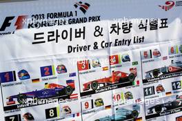 Driver car and entry list for the track marshals. 04.10.2013. Formula 1 World Championship, Rd 14, Korean Grand Prix, Yeongam, South Korea, Practice Day.