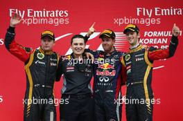 1st place Sebastian Vettel (GER) Red Bull Racing, 2nd place Kimi Raikkonen (FIN) Lotus F1 Team and 3rd place Romain Grosjean (FRA) Lotus F1 E21. 06.10.2013. Formula 1 World Championship, Rd 14, Korean Grand Prix, Yeongam, South Korea, Race Day.