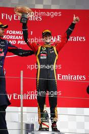 Romain Grosjean (FRA) Lotus F1 Team celebrates his third position on the podium. 06.10.2013. Formula 1 World Championship, Rd 14, Korean Grand Prix, Yeongam, South Korea, Race Day.