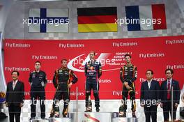 1st place Sebastian Vettel (GER) Red Bull Racing, 2nd place Kimi Raikkonen (FIN) Lotus F1 Team and 3rd place Romain Grosjean (FRA) Lotus F1 E21. 06.10.2013. Formula 1 World Championship, Rd 14, Korean Grand Prix, Yeongam, South Korea, Race Day.