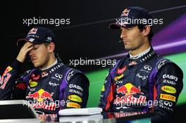 The FIA Press Conference (L to R): Pole sitter Sebastian Vettel (GER) Red Bull Racing with team mate Mark Webber (AUS) Red Bull Racing. 05.10.2013. Formula 1 World Championship, Rd 14, Korean Grand Prix, Yeongam, South Korea, Qualifying Day.