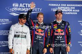 Qualifying top three in parc ferme (L to R): Lewis Hamilton (GBR) Mercedes AMG F1, second; Sebastian Vettel (GER) Red Bull Racing, pole position; Mark Webber (AUS) Red Bull Racing, third. 05.10.2013. Formula 1 World Championship, Rd 14, Korean Grand Prix, Yeongam, South Korea, Qualifying Day.