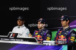 Qualifying top three in the FIA Press Conference (L to R): Lewis Hamilton (GBR) Mercedes AMG F1, second; Sebastian Vettel (GER) Red Bull Racing, pole position; Mark Webber (AUS) Red Bull Racing, third.. 05.10.2013. Formula 1 World Championship, Rd 14, Korean Grand Prix, Yeongam, South Korea, Qualifying Day.