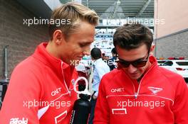 (L to R): Max Chilton (GBR) Marussia F1 Team with Jules Bianchi (FRA) Marussia F1 Team on the drivers parade. 06.10.2013. Formula 1 World Championship, Rd 14, Korean Grand Prix, Yeongam, South Korea, Race Day.