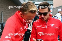 (L to R): Max Chilton (GBR) Marussia F1 Team with Jules Bianchi (FRA) Marussia F1 Team on the drivers parade. 06.10.2013. Formula 1 World Championship, Rd 14, Korean Grand Prix, Yeongam, South Korea, Race Day.