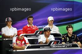 The FIA Press Conference (From back row (L to R)): Esteban Gutierrez (MEX) Sauber; Jules Bianchi (FRA) Marussia F1 Team; Paul di Resta (GBR) Sahara Force India F1; Felipe Massa (BRA) Ferrari; Lewis Hamilton (GBR) Mercedes AMG F1; Romain Grosjean (FRA) Lotus F1 Team.  04.10.2013.  Formula 1 World Championship, Rd 14, Korean Grand Prix, Yeongam, South Korea, Preparation Day.