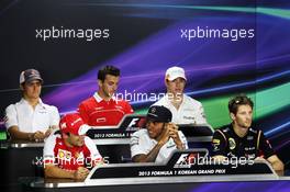 The FIA Press Conference (From back row (L to R)): Esteban Gutierrez (MEX) Sauber; Jules Bianchi (FRA) Marussia F1 Team; Paul di Resta (GBR) Sahara Force India F1; Felipe Massa (BRA) Ferrari; Lewis Hamilton (GBR) Mercedes AMG F1; Romain Grosjean (FRA) Lotus F1 Team.  04.10.2013.  Formula 1 World Championship, Rd 14, Korean Grand Prix, Yeongam, South Korea, Preparation Day.