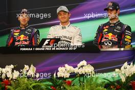 The FIA Press Conference (L to R): Sebastian Vettel (GER) Red Bull Racing, second; Nico Rosberg (GER) Mercedes AMG F1, race winner; Mark Webber (AUS) Red Bull Racing, third. 26.05.2013. Formula 1 World Championship, Rd 6, Monaco Grand Prix, Monte Carlo, Monaco, Race Day.