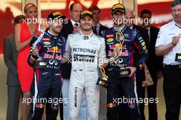 The podium (L to R): Sebastian Vettel (GER) Red Bull Racing, second; Nico Rosberg (GER) Mercedes AMG F1, race winner; Mark Webber (AUS) Red Bull Racing, third. 26.05.2013. Formula 1 World Championship, Rd 6, Monaco Grand Prix, Monte Carlo, Monaco, Race Day.