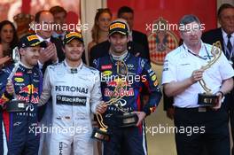 1st place Nico Rosberg (GER) Mercedes AMG F1 W04, 2nd place Sebastian Vettel (GER) Red Bull Racing and 3rd Mark Webber (AUS) Red Bull Racing and Ross Brawn (GBR) Mercedes AMG F1 Team Principal  26.05.2013. Formula 1 World Championship, Rd 6, Monaco Grand Prix, Monte Carlo, Monaco, Race Day.