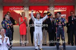 The podium (L to R): Sebastian Vettel (GER) Red Bull Racing, second; Nico Rosberg (GER) Mercedes AMG F1, race winner; Mark Webber (AUS) Red Bull Racing, third. 26.05.2013. Formula 1 World Championship, Rd 6, Monaco Grand Prix, Monte Carlo, Monaco, Race Day.