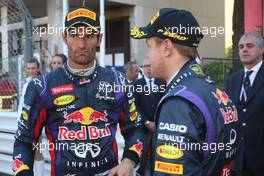 (L to R): Mark Webber (AUS) Red Bull Racing with team mate Sebastian Vettel (GER) Red Bull Racing in parc ferme. 26.05.2013. Formula 1 World Championship, Rd 6, Monaco Grand Prix, Monte Carlo, Monaco, Race Day.