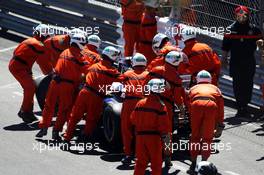The crashed Williams FW35 of Pastor Maldonado (VEN) Williams, which stopped the race. 26.05.2013. Formula 1 World Championship, Rd 6, Monaco Grand Prix, Monte Carlo, Monaco, Race Day.
