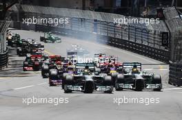 (L to R): Nico Rosberg (GER) Mercedes AMG F1 W04 and team mate Lewis Hamilton (GBR) Mercedes AMG F1 W04 lead at the start of the race. 26.05.2013. Formula 1 World Championship, Rd 6, Monaco Grand Prix, Monte Carlo, Monaco, Race Day.