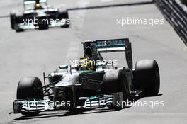 Nico Rosberg (GER) Mercedes AMG F1 W04 leads Lewis Hamilton (GBR) Mercedes AMG F1 W04. 26.05.2013. Formula 1 World Championship, Rd 6, Monaco Grand Prix, Monte Carlo, Monaco, Race Day.