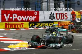 Nico Rosberg (GER) Mercedes AMG F1 W04 leads team mate Lewis Hamilton (GBR) Mercedes AMG F1 W04. 26.05.2013. Formula 1 World Championship, Rd 6, Monaco Grand Prix, Monte Carlo, Monaco, Race Day.