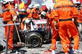 The damaged Williams FW35 of Pastor Maldonado (VEN) Williams after he crashed out of the race. 26.05.2013. Formula 1 World Championship, Rd 6, Monaco Grand Prix, Monte Carlo, Monaco, Race Day.