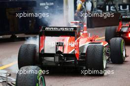 Jules Bianchi (FRA) Marussia F1 Team MR02 smokes at the pit lane exit at the start of qualifying. 25.05.2013. Formula 1 World Championship, Rd 6, Monaco Grand Prix, Monte Carlo, Monaco, Qualifying Day