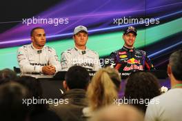 Qualifying parc ferme top three in the FIA Press Conference (L to R): Lewis Hamilton (GBR) Mercedes AMG F1, second; Nico Rosberg (GER) Mercedes AMG F1, pole position; Sebastian Vettel (GER) Red Bull Racing, third. 25.05.2013. Formula 1 World Championship, Rd 6, Monaco Grand Prix, Monte Carlo, Monaco, Qualifying Day