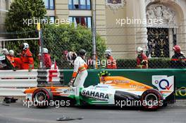 Adrian Sutil (GER) Sahara Force India VJM06 crashes in the third practice session. 25.05.2013. Formula 1 World Championship, Rd 6, Monaco Grand Prix, Monte Carlo, Monaco, Qualifying Day
