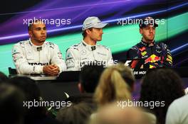 Qualifying parc ferme top three in the FIA Press Conference (L to R): Lewis Hamilton (GBR) Mercedes AMG F1, second; Nico Rosberg (GER) Mercedes AMG F1, pole position; Sebastian Vettel (GER) Red Bull Racing, third. 25.05.2013. Formula 1 World Championship, Rd 6, Monaco Grand Prix, Monte Carlo, Monaco, Qualifying Day