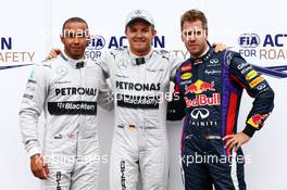 Qualifying top three in parc ferme (L to R): Lewis Hamilton (GBR) Mercedes AMG F1, second; Nico Rosberg (GER) Mercedes AMG F1, pole position; Sebastian Vettel (GER) Red Bull Racing, third. 25.05.2013. Formula 1 World Championship, Rd 6, Monaco Grand Prix, Monte Carlo, Monaco, Qualifying Day